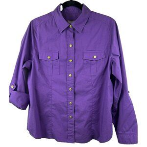 Chico's Top Large Solid Purple Button Up Roll Tab Long Sleeves Gold Buttons‎